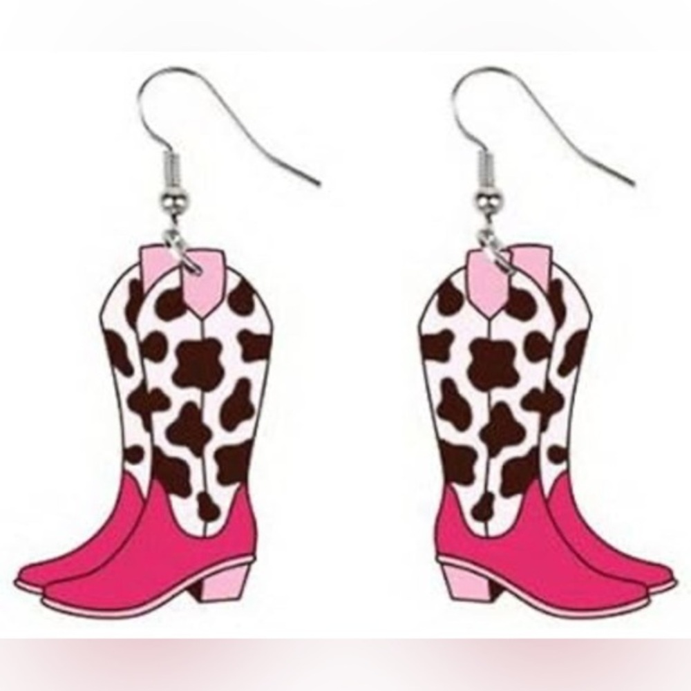 NWT - Pink Cowboy Boots with Cow Print Acrylic Dangle Single Sided Earrings
